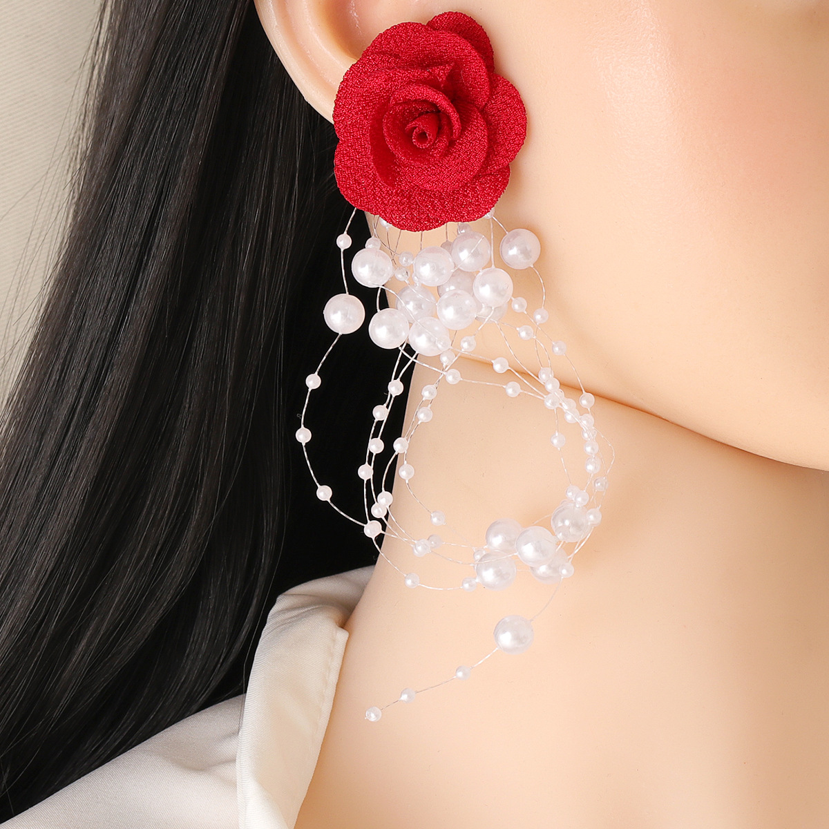 Fashion Chiffon Cloth Lace Flower Pearl Tassel Multilayer Earrings display picture 14