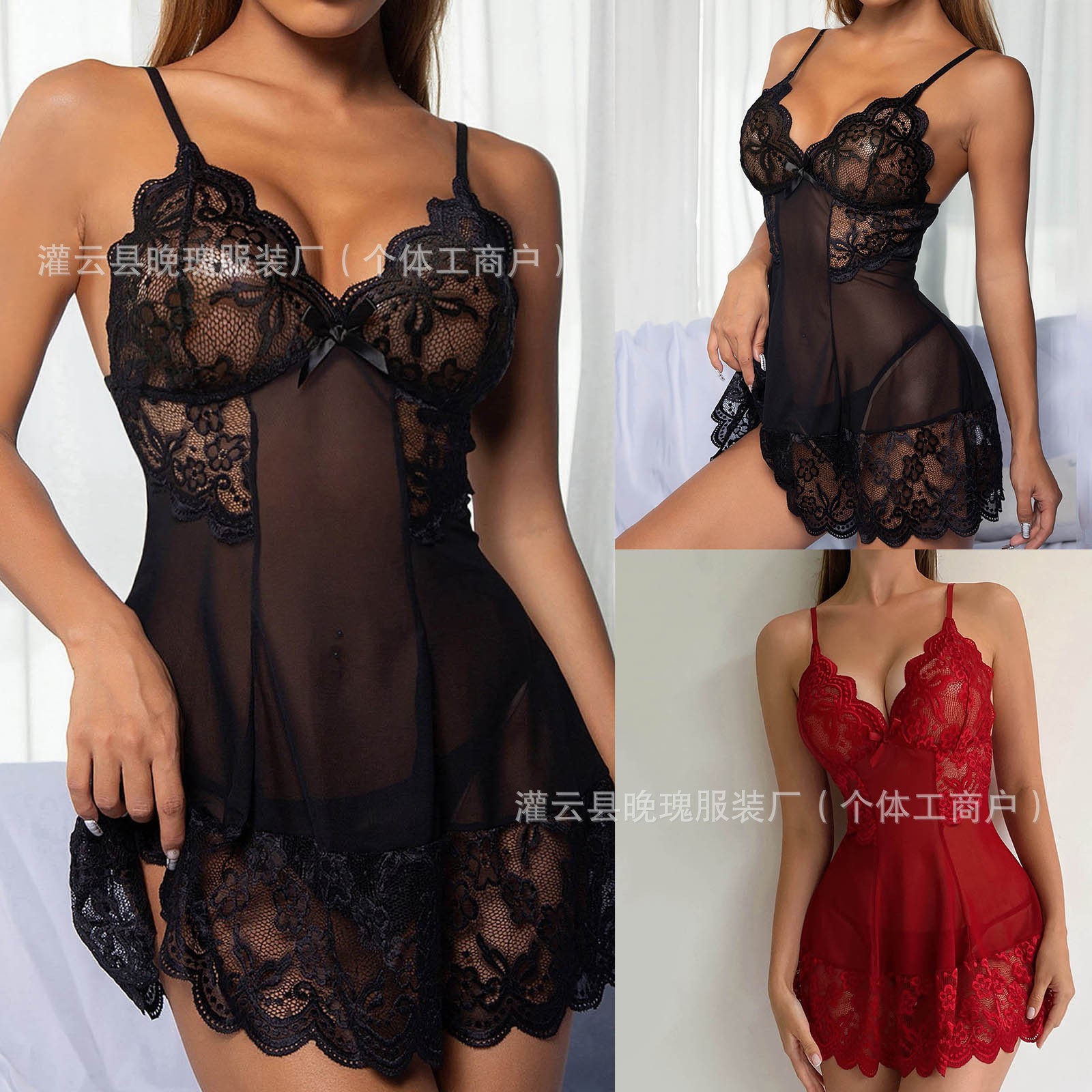 New European and American Cross-Border Women's Skirts, Sexy Pajamas, Printed Lace, Hollow-Out, Seductive, See-Through Lingerie