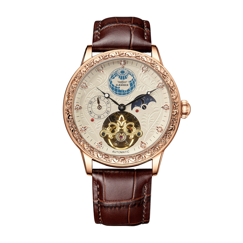 Đồng hồ cơ nam tự động tourbillon lộ máy, vỏ hồng trắng dây da cà phê — Vỏ hồng trắng da cà phê