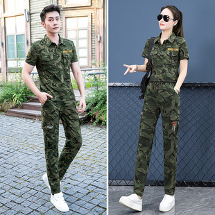 Couple's Suit Summer Black Camouflage Short-sleeved T-shirt Women's Slimming Lapel Trousers Loose Two-piece Set for Sailor Dance Clothing