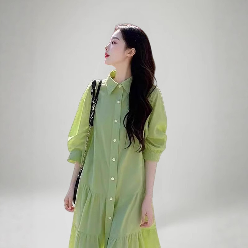 2026 New Style Plus-Size European High-End Design Korean-Style Solid Color Fresh and Elegant Shirt Dress for Women