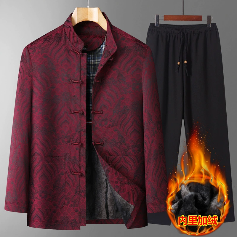 Высококачественный китайский костюм в китайском стиле зимний бархат дедушка мужской костюм среднего и пожилого возраста свободная жаккардовая бабушка хлопчатобумажная куртка