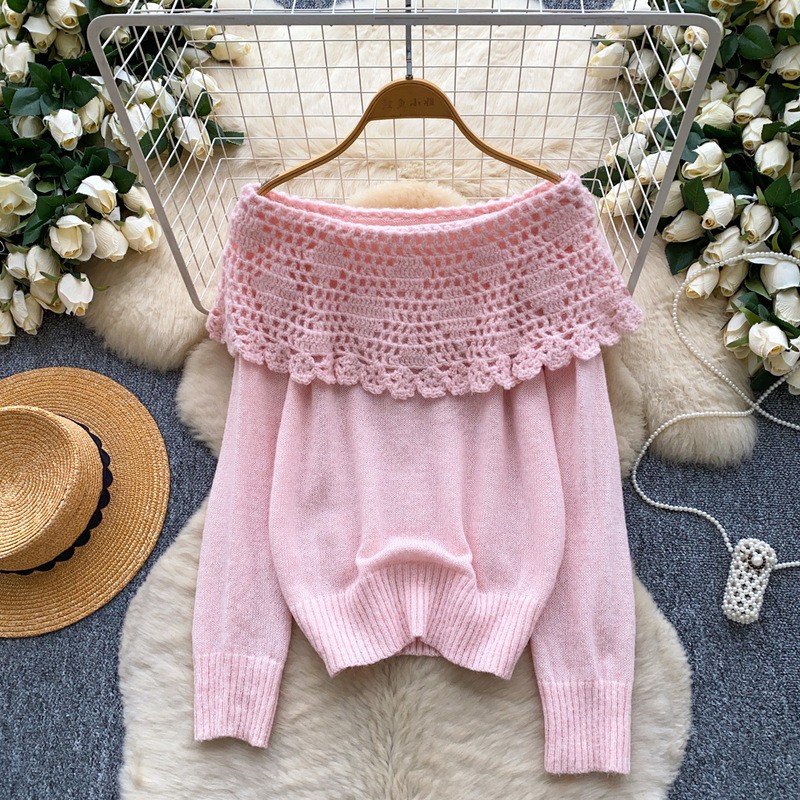 Cross-Border Sweet and Gentle Sweater Women's Winter Wear 2025 New One-Shoulder Cut Out Crochet Splicing Long-Sleeved Loose Knitted