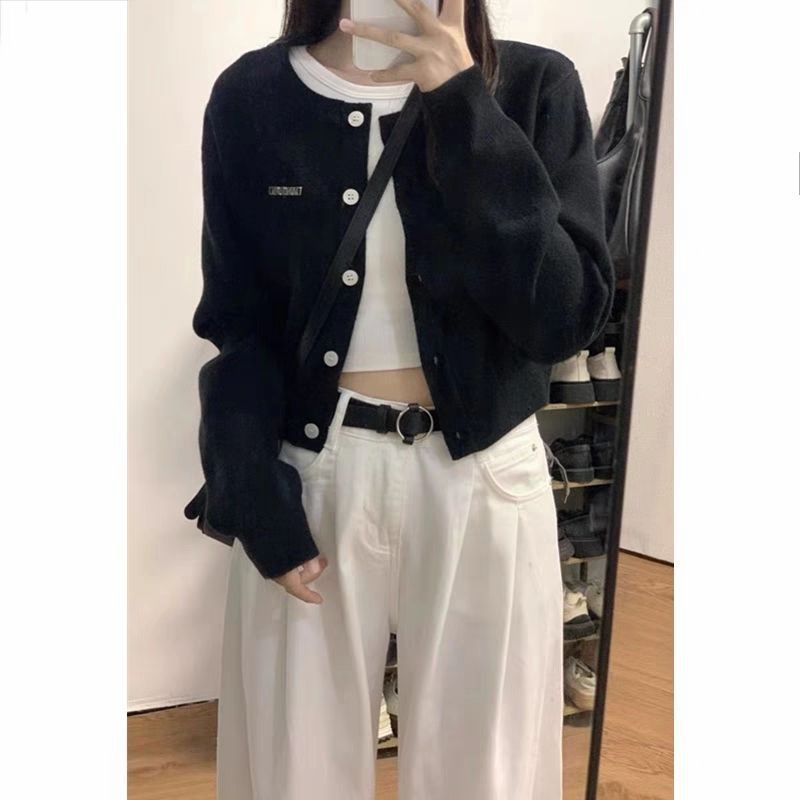 厂家直销金属标排扣开衫外套女短款针织衫修身百搭遮肉秋春季|undefined