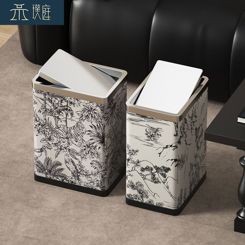 Light Luxury Leather Crocker Trash Household Living Room Bedroom Bathroom New Chinese Narrow Slit Stainless Steel Sanitary Bucket Light Luxury Leather Crocker Trash Household Living Room Bedroom Bathroom New Chinese Narrow Slit Stainless Steel Sanitary Bucket