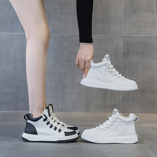 High-top casual sneakers for women 2024 autumn miu same style white shoes genuine leather thick-soled height increasing shoes