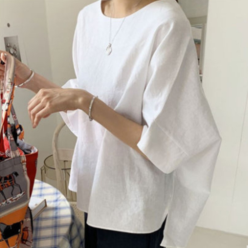 2023 Japanese style loose plus size cotton and linen shirt comfortable casual lazy wind slimming bat short sleeve shirt top 2023 Japanese style loose plus size cotton and linen shirt comfortable casual lazy wind slimming bat short sleeve shirt top