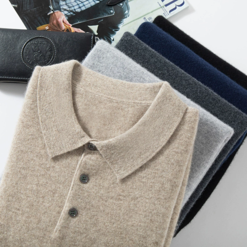 2023 осень и зима Мужская кашемировая рубашка поло Молодежный деловой свитер с лацканами Мягкая восковая Повседневная вязаная Базовая рубашка