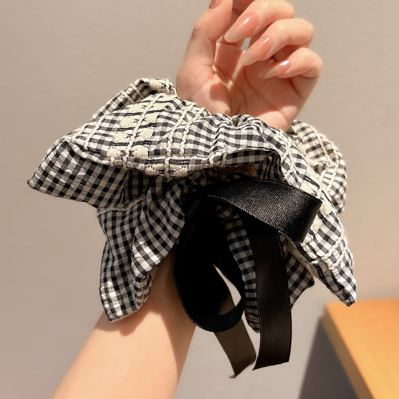 2025 nuevo estilo ballet bowknot intestino grueso anillo para el cabello femenino diseño de nicho bufanda cuadrada a cuadros cuerda para la cabeza bola accesorios para el cabello