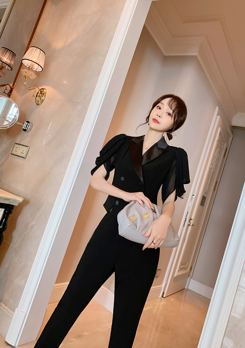 Bộ trang phục nữ thần thon eo, phong cách thanh lịch trưởng thành, quần áo hai mảnh công sở mùa hè — Màu đen chi tiết 9