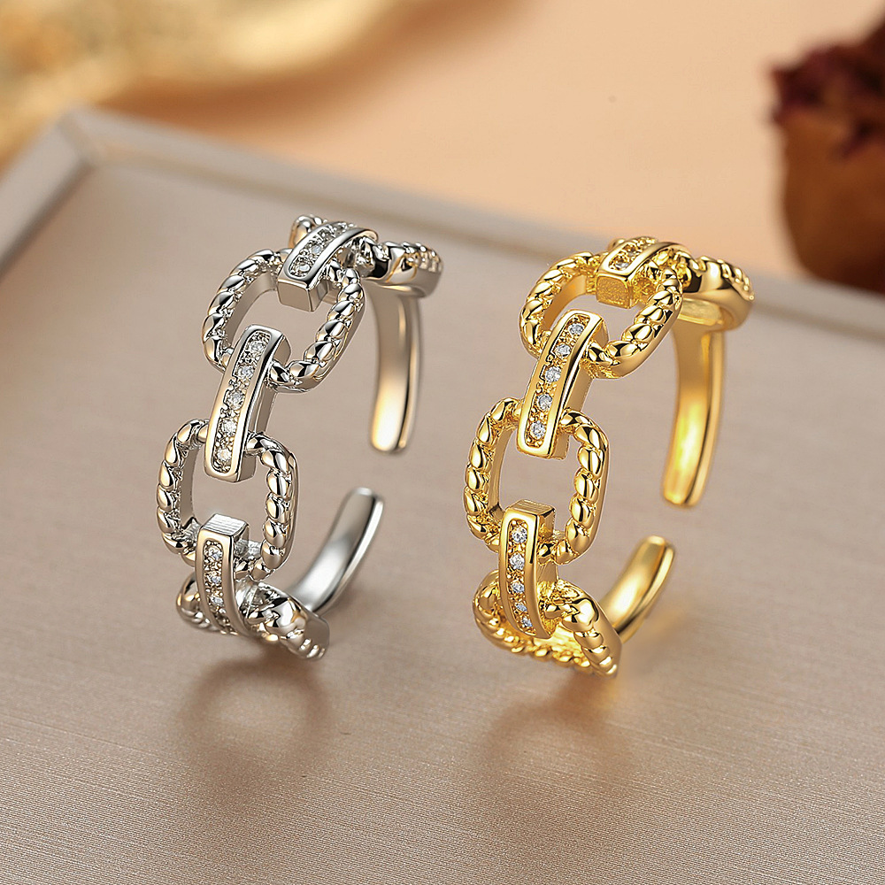 2026 New Model Diamond-Studded Open Ring Hollow Geometric Chain Adjustable Ring Geometric Buckle Adjustable Finger Ring
