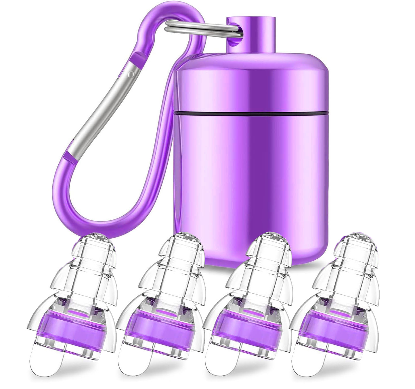 보라색 귀마개 두 쌍의 보라색 알루미늄 병