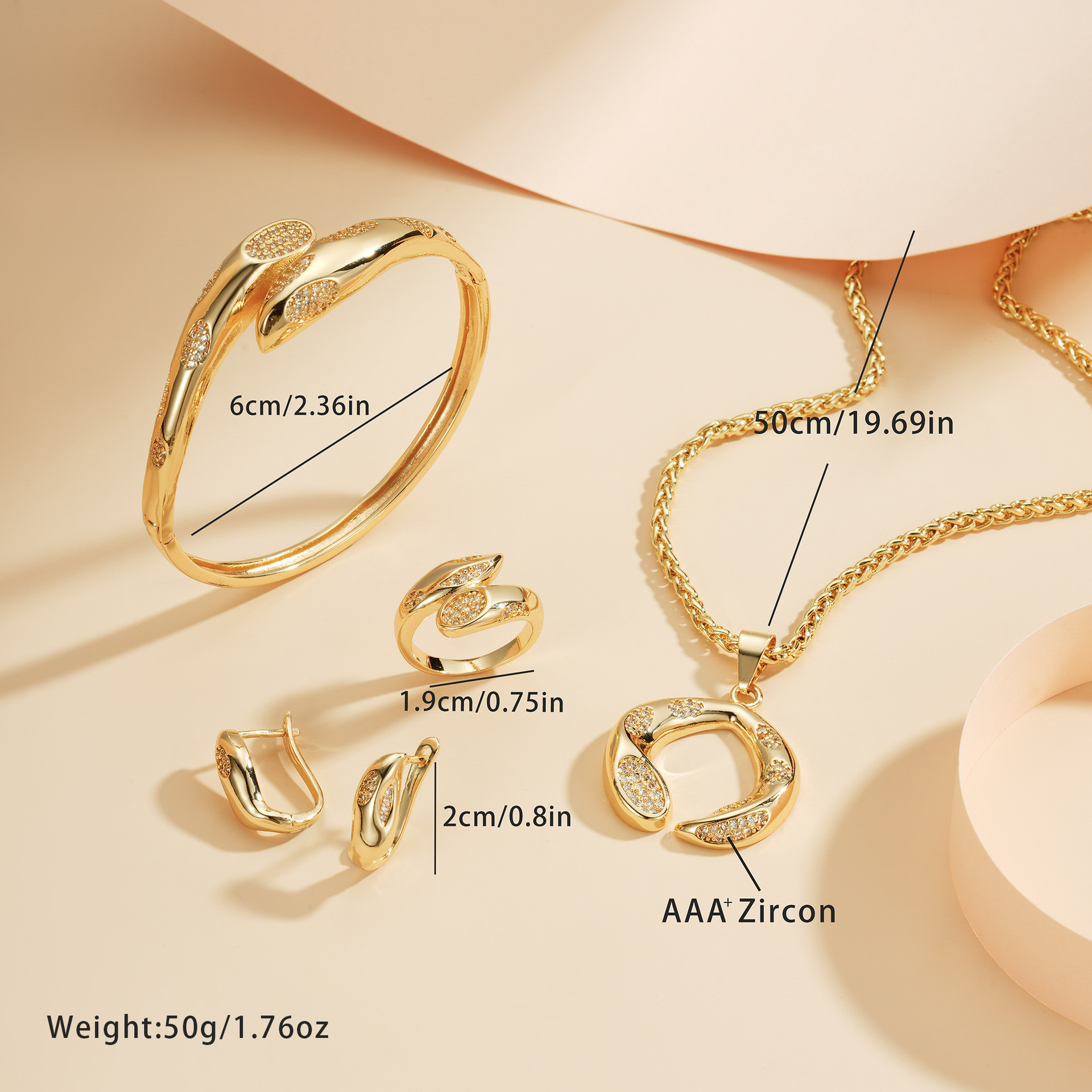 Europa y América de moda ligera de lujo cobre dorado joyería conjunto pulsera pendientes pulsera colgante collar joyería de alta gama conjunto de cuatro piezas image 5