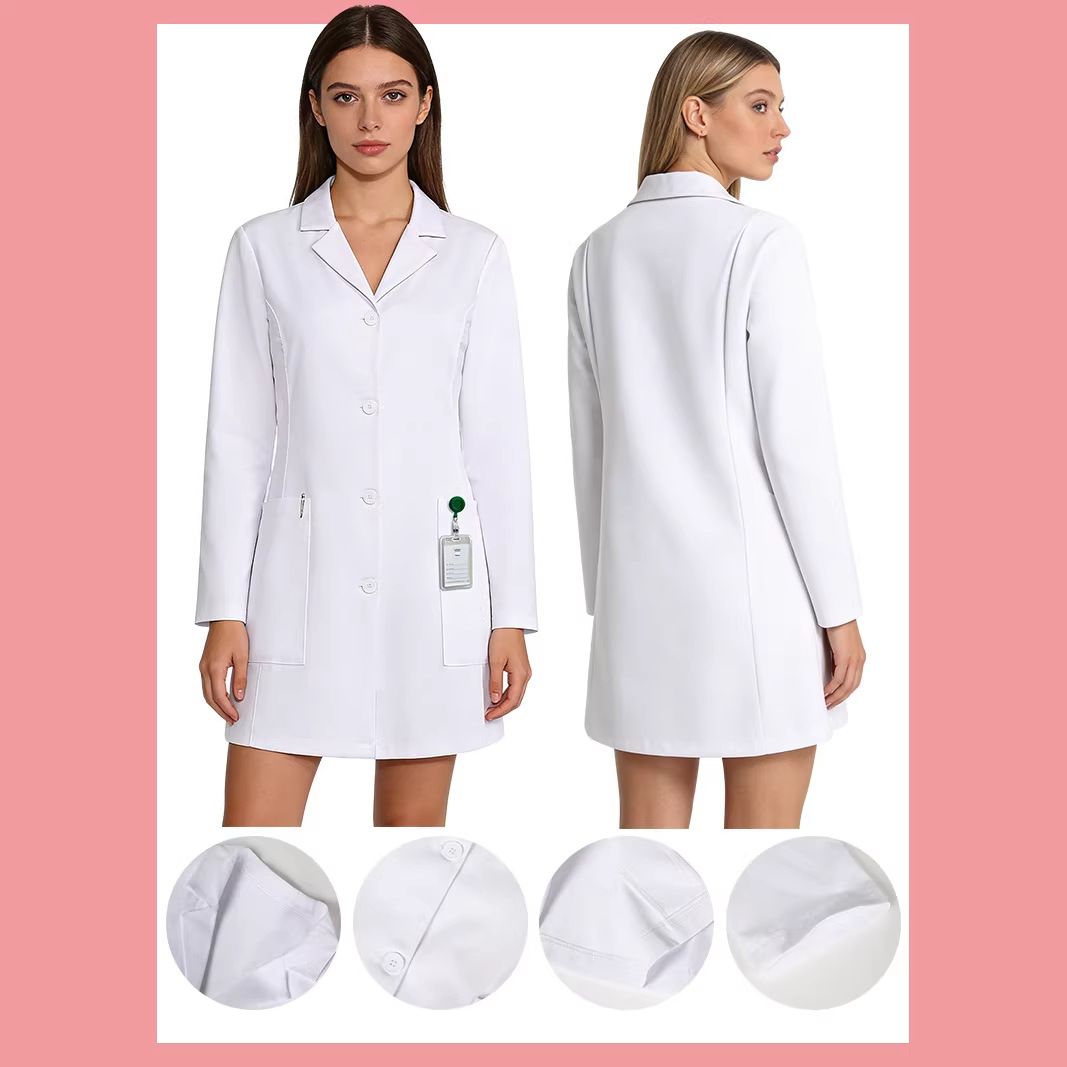 Medical White Coat for Women, Long-Sleeved, Stand-Up Collar Style, Dental Clinic Nurse Uniform, Lab Coat, Work Uniform, Wholesale in Stock