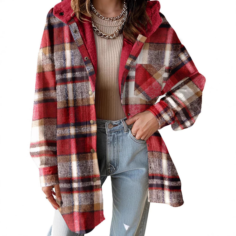 Cross-Border European and American Amazon 2025 Autumn and Winter New Hooded Long-Sleeve Jacket Casual Versatile Plaid Casual Style