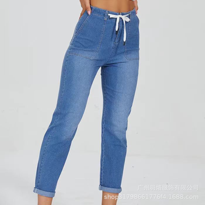2024 Amazon Denim women's pants. Belt design women's elastic, hanging dyeing craft length same style 2024 Amazon Denim women's pants. Belt design women's elastic, hanging dyeing craft length same style