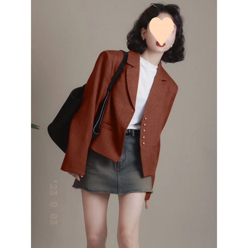 New French-Style Brown High-End Women's Suit for Autumn, Elegant Slim-Fit Short Jacket, Retro Hong Kong Style Long-Sleeve Top