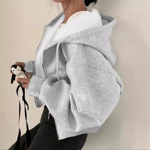 Spring Minimalist Elegant Drawstring Hooded Design Loose Long-Sleeve Sweatshirt Open Outerwear