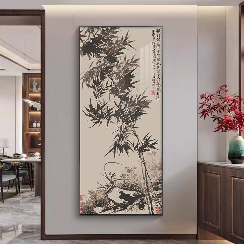 中古风水墨装饰画竹石图竹子国画名画复制品茶室茶楼玄关过道挂画