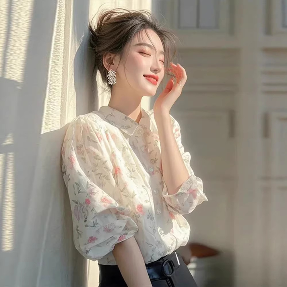 Áo sơ mi nữ cổ Polo họa tiết hoa nhí kiểu Pháp — Hoa hạnh nhân chi tiết 3