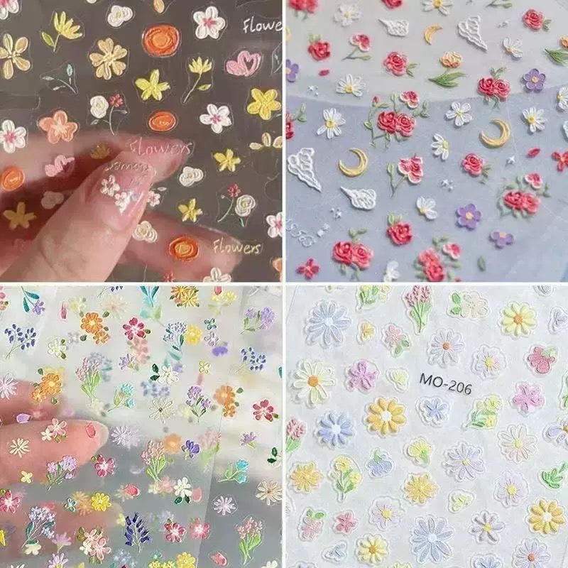 Embossed stickers cute garden crayon graffiti hand-painted flowers nail art stickers decorations cartoon adhesive nails