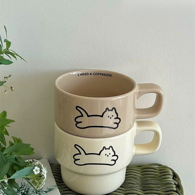 New Cute Cat Ins Puppy Couple Stacking Mug Gift High Temperature Resistant Ceramic Coffee Water Cup_voghion.com