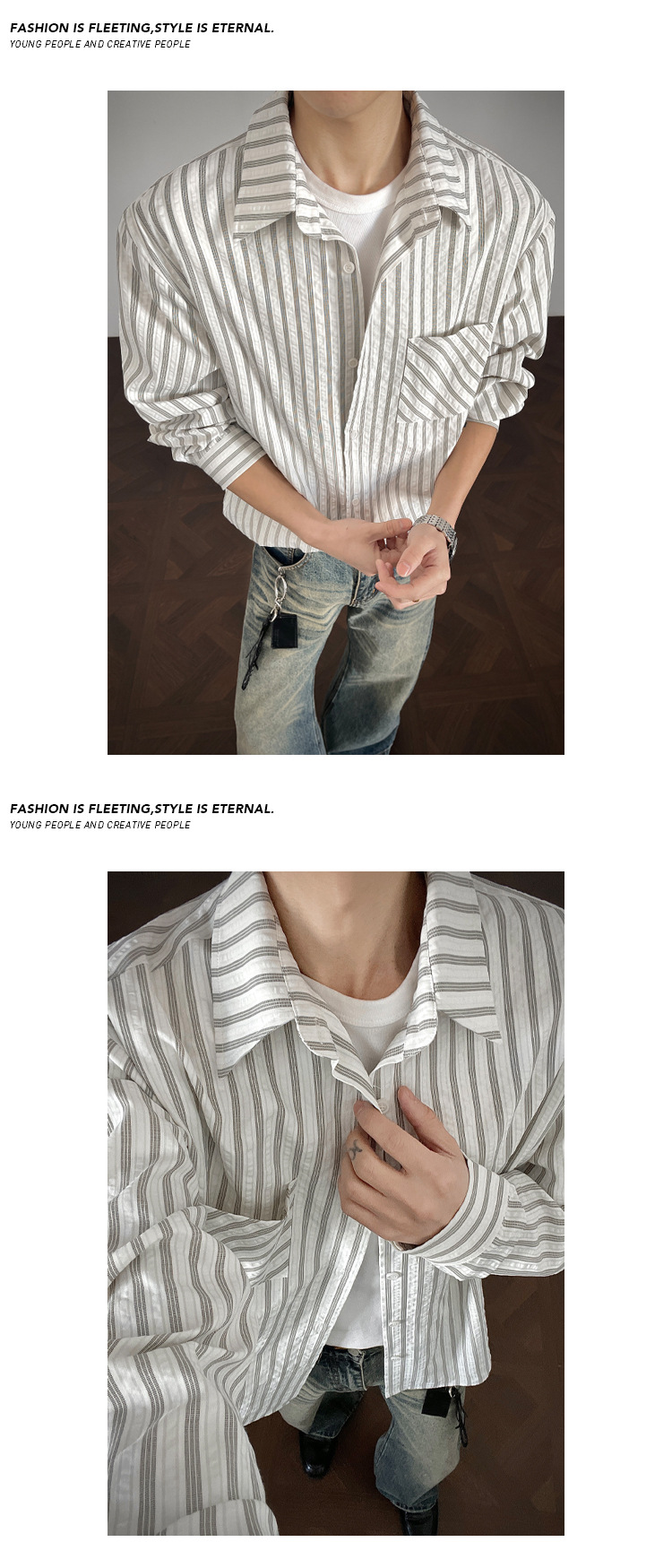 Camicia uomo a righe maniche lunghe stile americano drappeggio_voghion.com