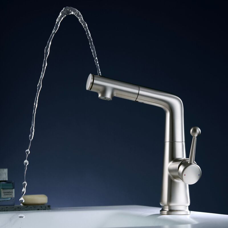Brushed Nickel Pull-Out Faucet for Bathroom Sink, Adjustable Height, Milk White Finish
