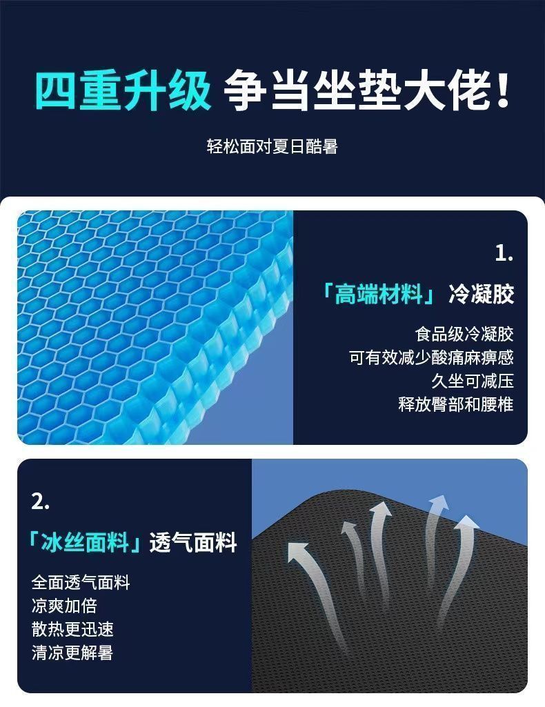 Gel seat cushion for summer, enlarged and thickened, suitable for office chairs, long-sitting chair pad, seat pad, honeycomb silicone cooling pad