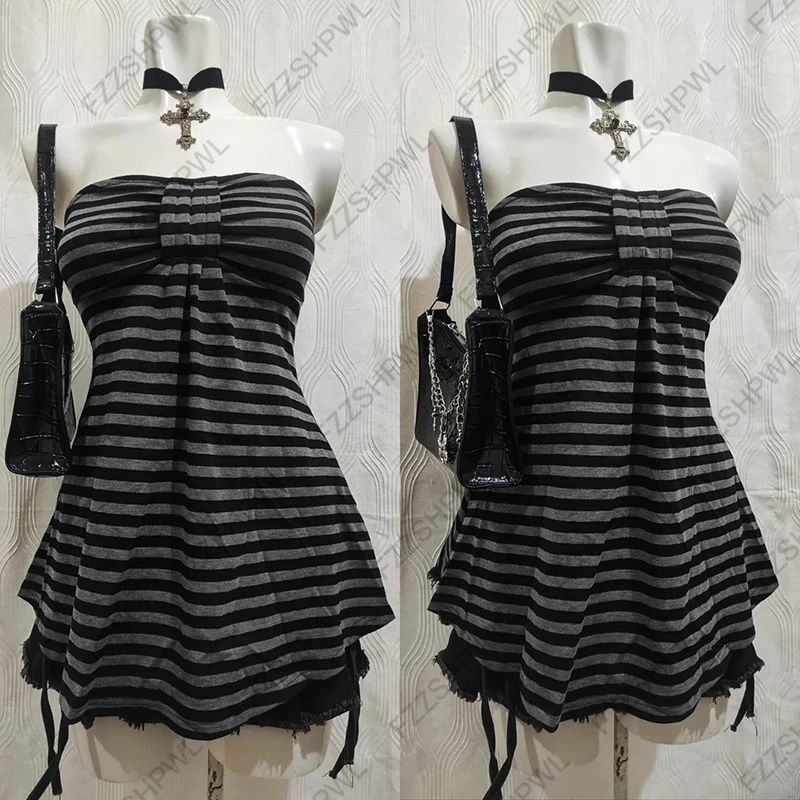 Subculture Retro Vintage Shibuya Hottie Goth Pleated Y2K Sexy Striped Tube Top Camisole Top with Straps Subculture Retro Vintage Shibuya Hottie Goth Pleated Y2K Sexy Striped Tube Top Camisole Top with Straps