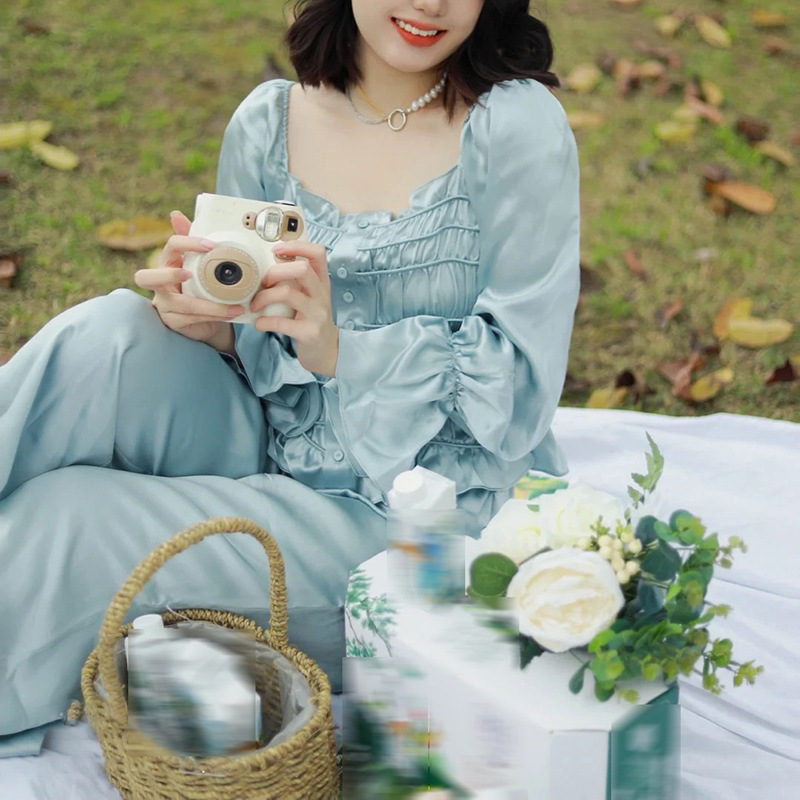 Palace-Style Satin Square-Neck Flared Sleeve Ruched Short Top Casual Wide-Leg Pants Pajamas Loungewear Set Suitable for Outerwear