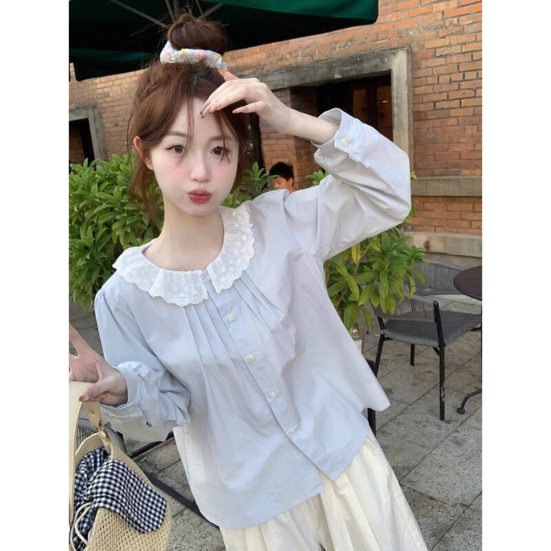 French-style sweet sky-blue lace-trimmed doll-collar blouse, a loose-fitting, slimming, and age-reducing top for early autumn
