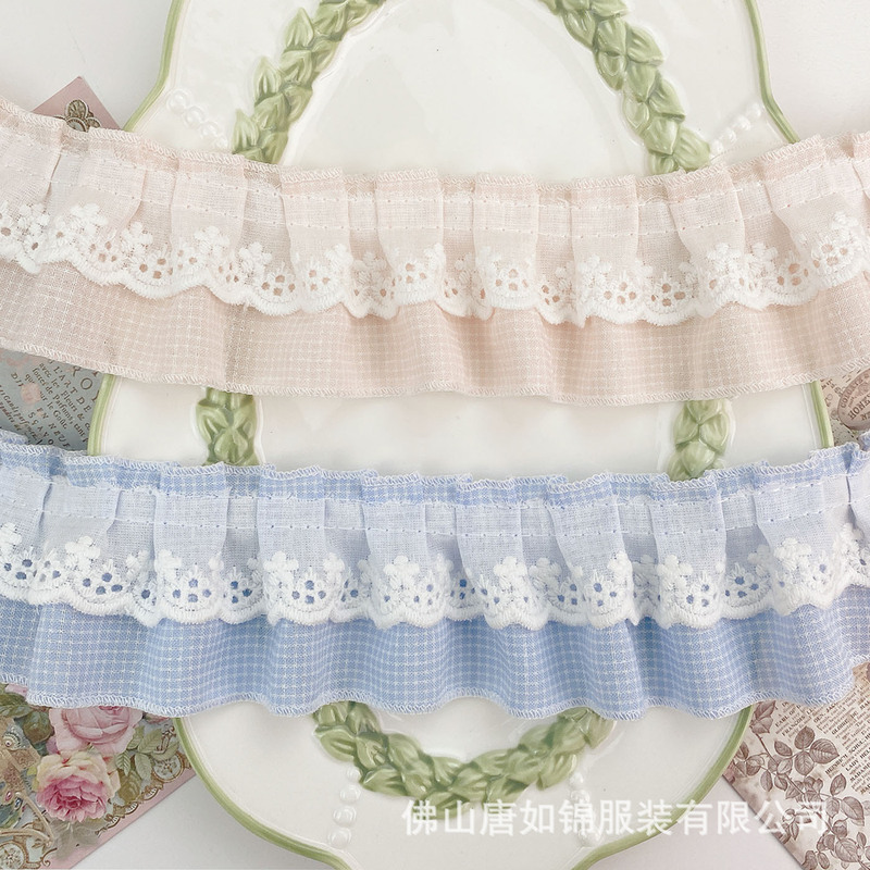 Tang Rujin Lace Trim 5cm Plaid Cotton Embroidery Pleated Lace Trim Accessories Lolita Skirt Hem Material