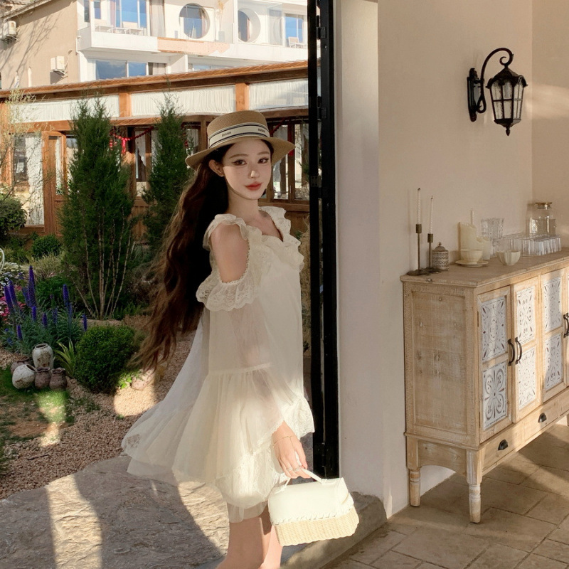French-Style Gentle Off-White Dress for Women, V-Neck Lace Off-Shoulder Babydoll Dress, Loose Bell-Sleeve Fairy Short Dress for Summer French-Style Gentle Off-White Dress for Women, V-Neck Lace Off-Shoulder Babydoll Dress, Loose Bell-Sleeve Fairy Short Dress for Summer