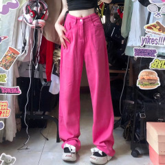 火竜果色のズボンins高街のファッションの前衛の赤いジーパンの女性のoversizeストレートのズボンの子供