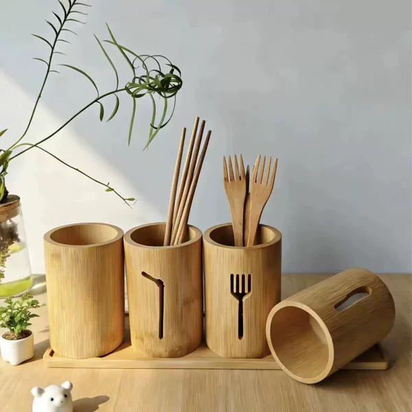 Bamboo Knife, Fork, and Spoon Holder, Round Chopstick Basket, Multifunctional Cutlery Storage Box, Household Kitchen Divider, Bamboo Storage Container