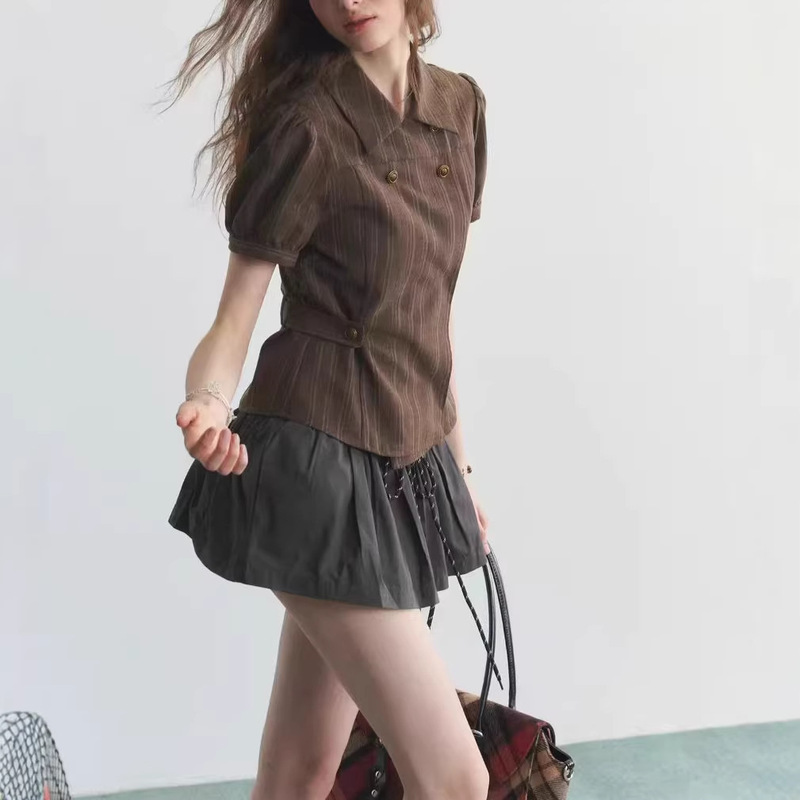 "Coffee House" Striped Double-Breasted Shirt with Adjustable Waist and Puff Sleeves, Short-Sleeve T-Shirt