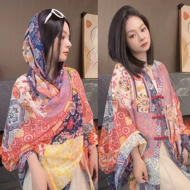女性のための夏の日焼け止めショール 2025 新しいスタイルのボタン付きロングエスニックスタイル旅行写真薄いビーチシルクスカーフマント|undefined