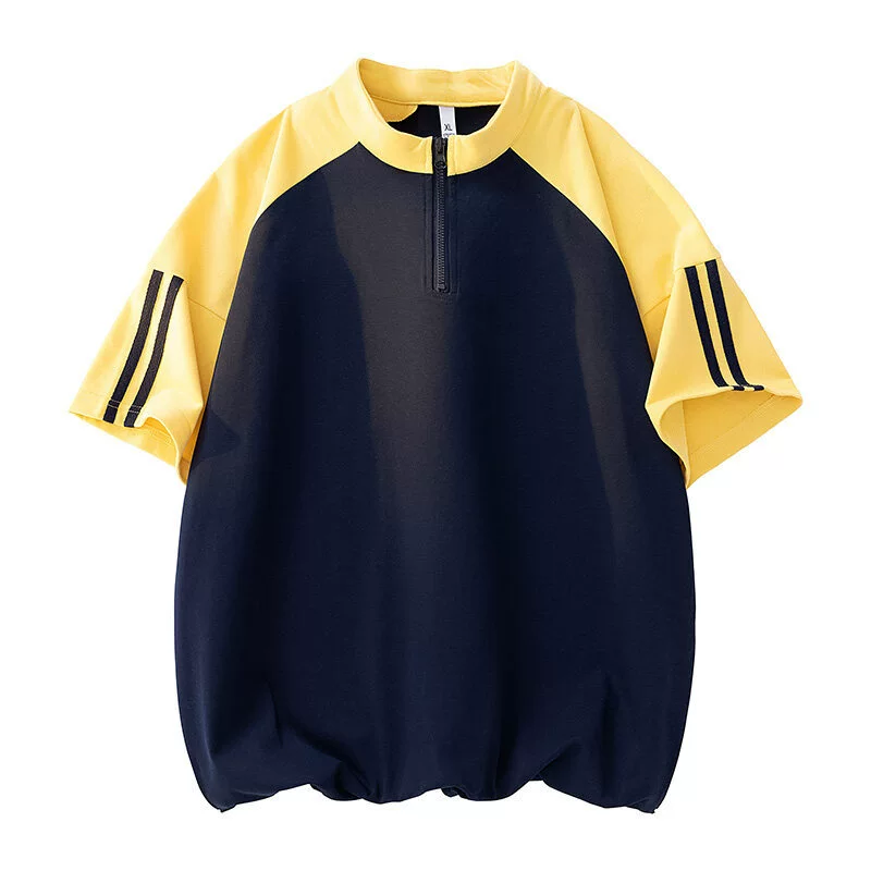OBCY fashionable youth men's summer new style spliced ​​stand-up collar five-sleeve T-shirt men's versatile fast commuting style