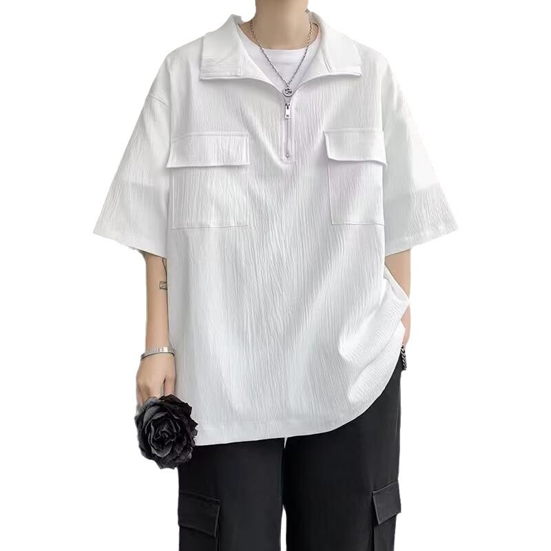 Verano con cuello plegable de verano medio cremallera camisa de manga corta hombre suelta camisa de color sólido de alto nivel polo camiseta