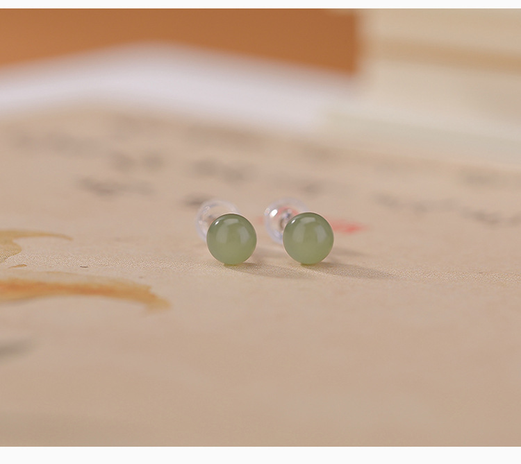 Bông tai bạc S925 đính ngọc Hetian tự nhiên hạt tròn đơn giản — cặp mô hình 8 mm chi tiết 4