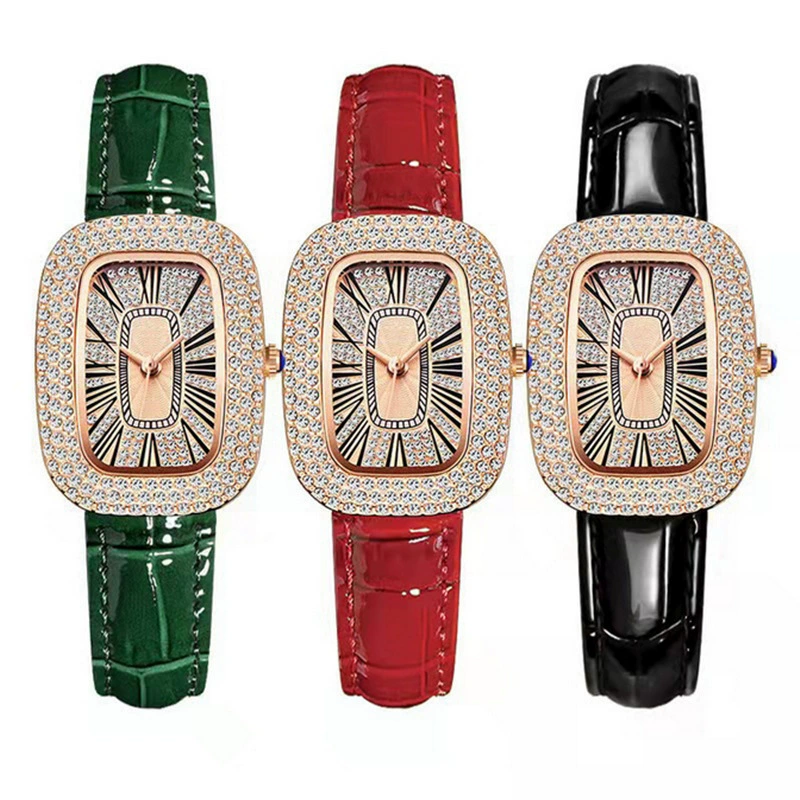 Женские наручные часы с rhinestone, крошечный овальный циферблат, кожзаменитель ремешок, легкие 21,5 см