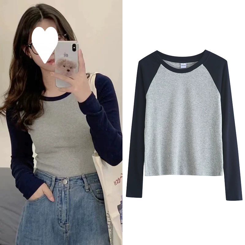 В наличии Zhao Lusi Star в том же стиле облегающая футболка контрастного цвета с длинным рукавом реглан Базовая рубашка-Топ для женщин