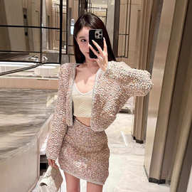 26-7074气质名媛重工套装女秋冬小香风外套上衣短款包臀裙两件套