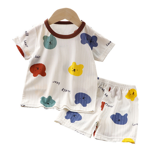 儿童夏装婴儿冰丝短袖套装宝宝薄款睡衣男童空调服女童两件套夏季