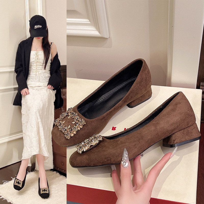 High-Heeled Shoes for Women, French Style, 2026 New Arrivals, New Model with Rhinestones, Elegant Square Toe, Versatile Slip-On Shallow Shoes