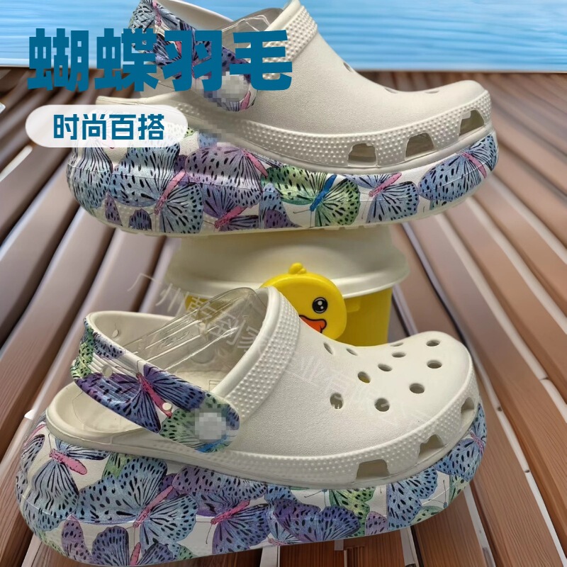 2025 Summer Thick-Soled Puff Shoes Cloud Transfer Printing Enhances Comfort, Anti-Slip, Wear-Resistant, Closed-Toe, Perforated, Casual and Versatile.