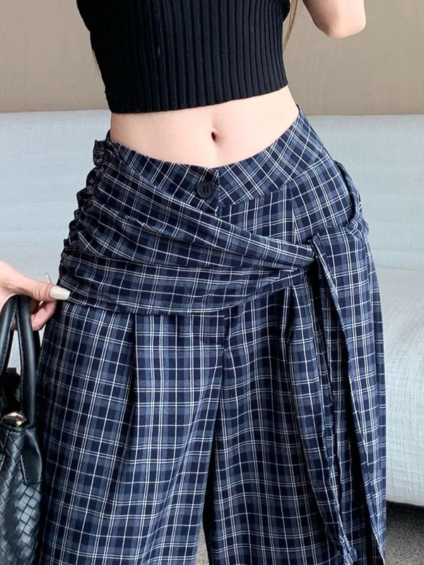 复古格子阔腿裤女夏季设计感绑带高腰裤时尚百搭垂坠感拖地直筒裤|undefined