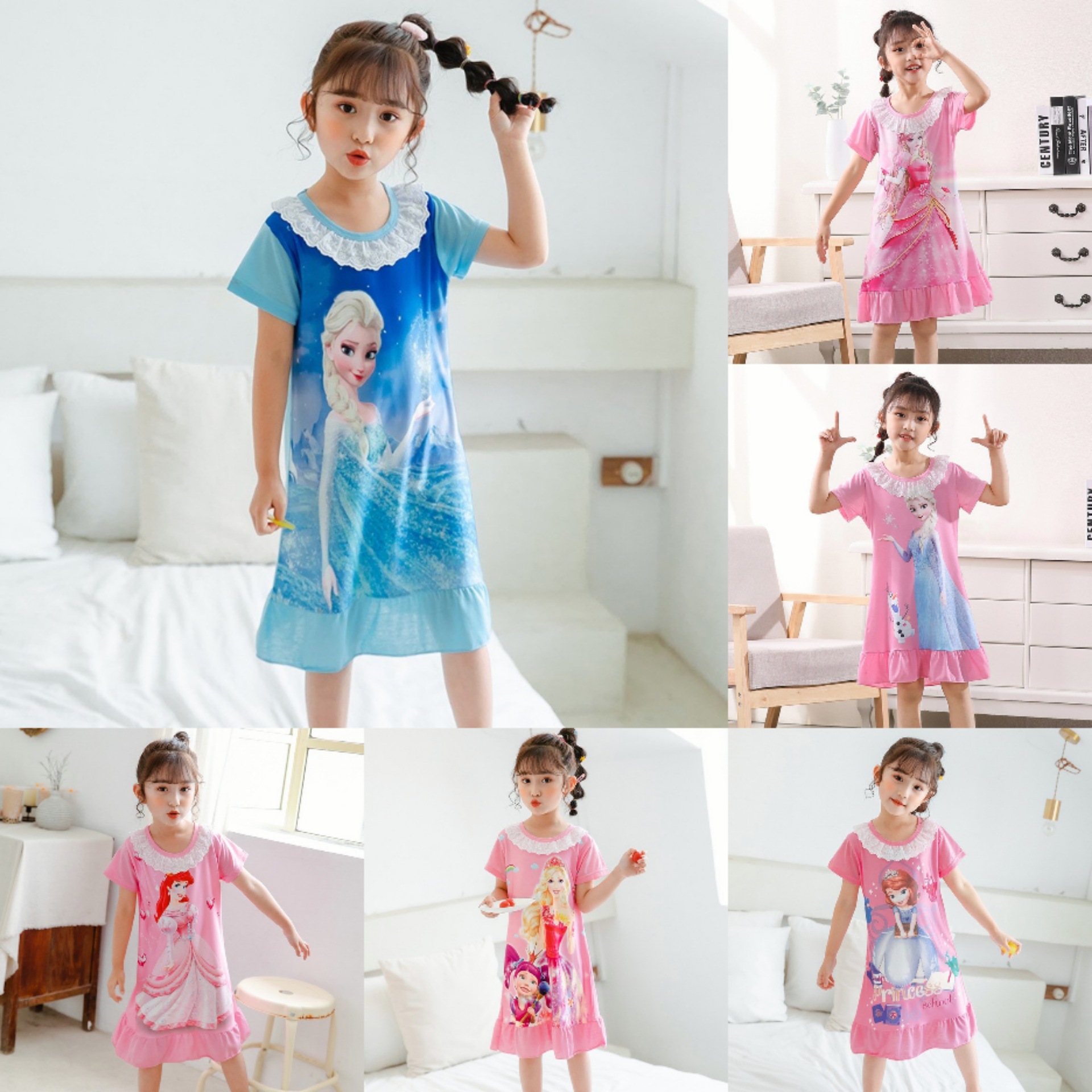 Girls' pajamas children's nightdress Princess Elsa girl baby sling thin short sleeve dress Middle and big children summer