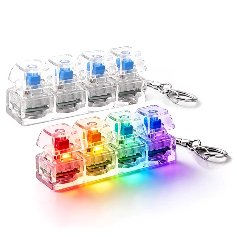 Transparent Four-Key Mechanical Keyboard Tester Stress-Relief Glowing Keychain Fingertip Press Toy Pendant